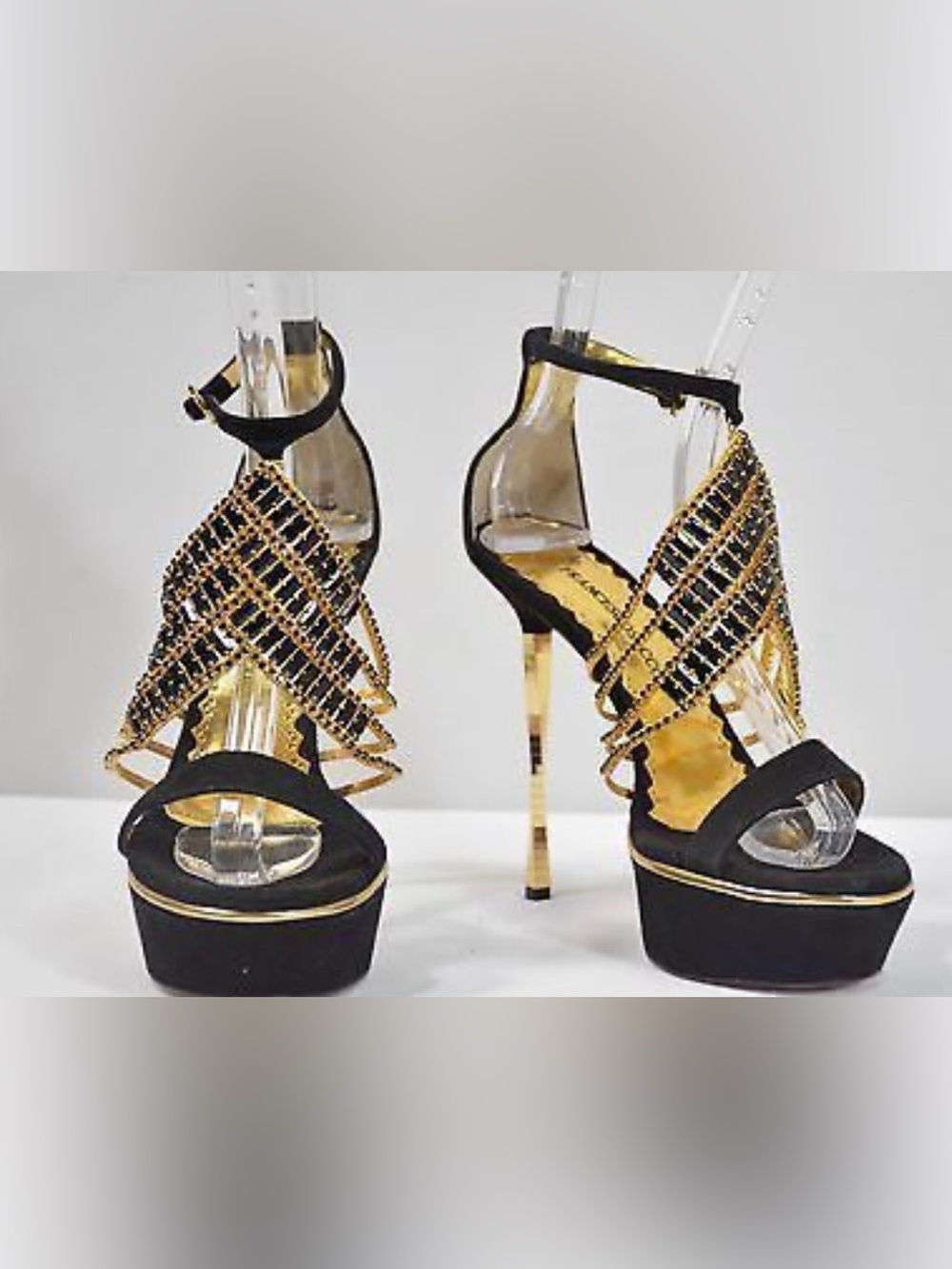 🔥RARE FIND! Frances Cosacco Black & Gold Crystal-Embellished Gold Stiletto Heels